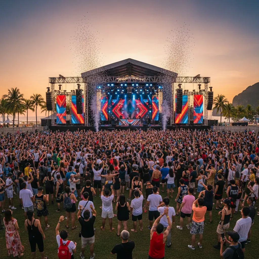 Large outdoor music festival stage with diverse crowd attending Tomorrowland event in Thailand