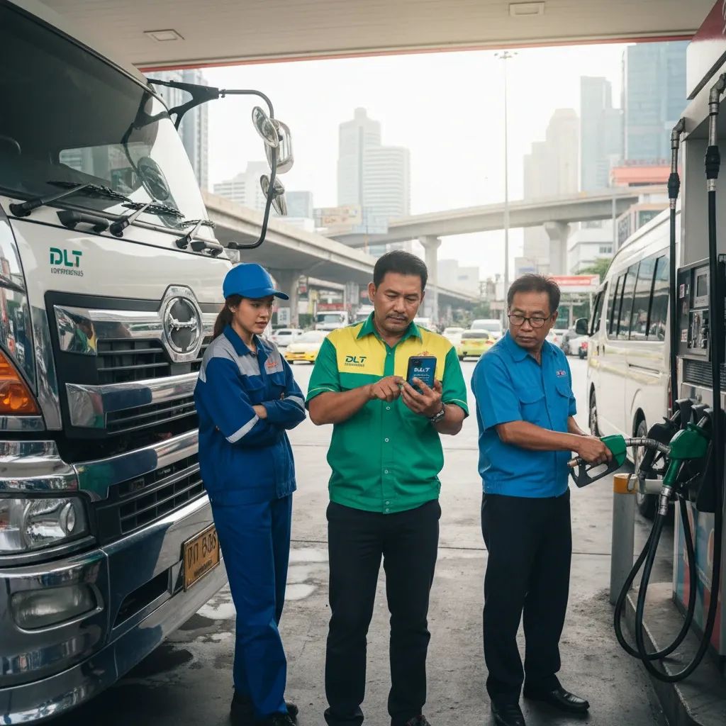 Thai taxi and truck drivers registering for fuel subsidy at Bangkok gas station using DLT app