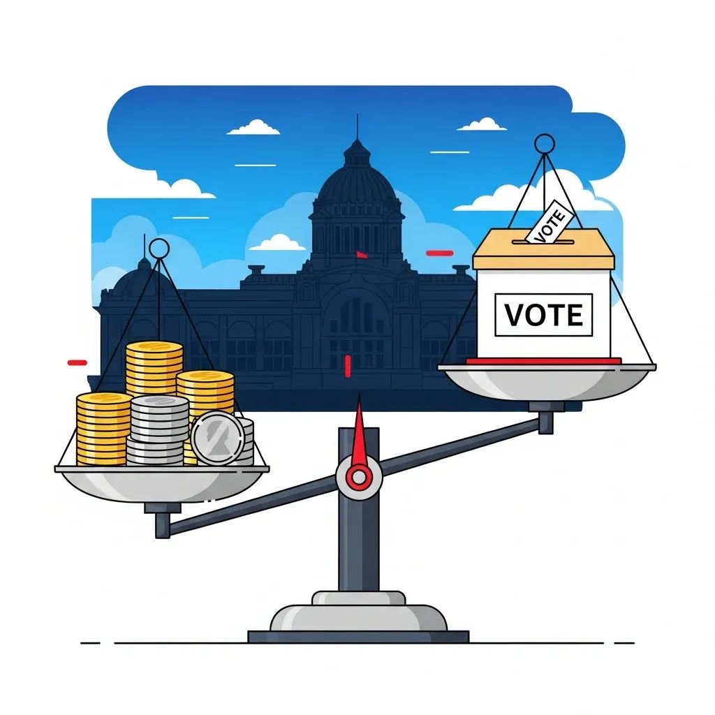 Balance scale with coins and a ballot box against a Thai parliament silhouette