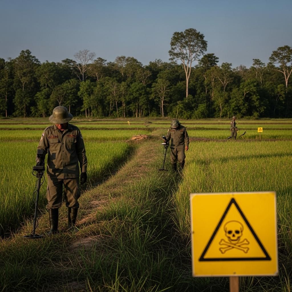 Demining team surveying rural Thai-Cambodia border rice field with landmine warning sign