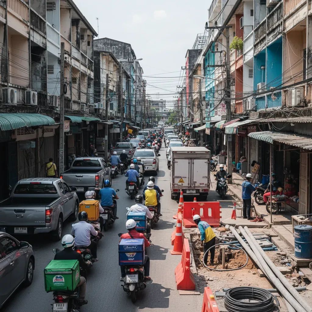 Pattaya street traffic with motorcycles and delivery trucks navigating narrow soi during peak hours