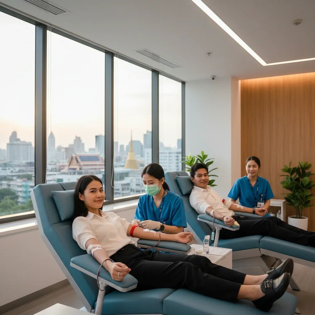 Blood donation center staff assisting diverse donor in comfortable medical setting with welcoming professional atmosphere