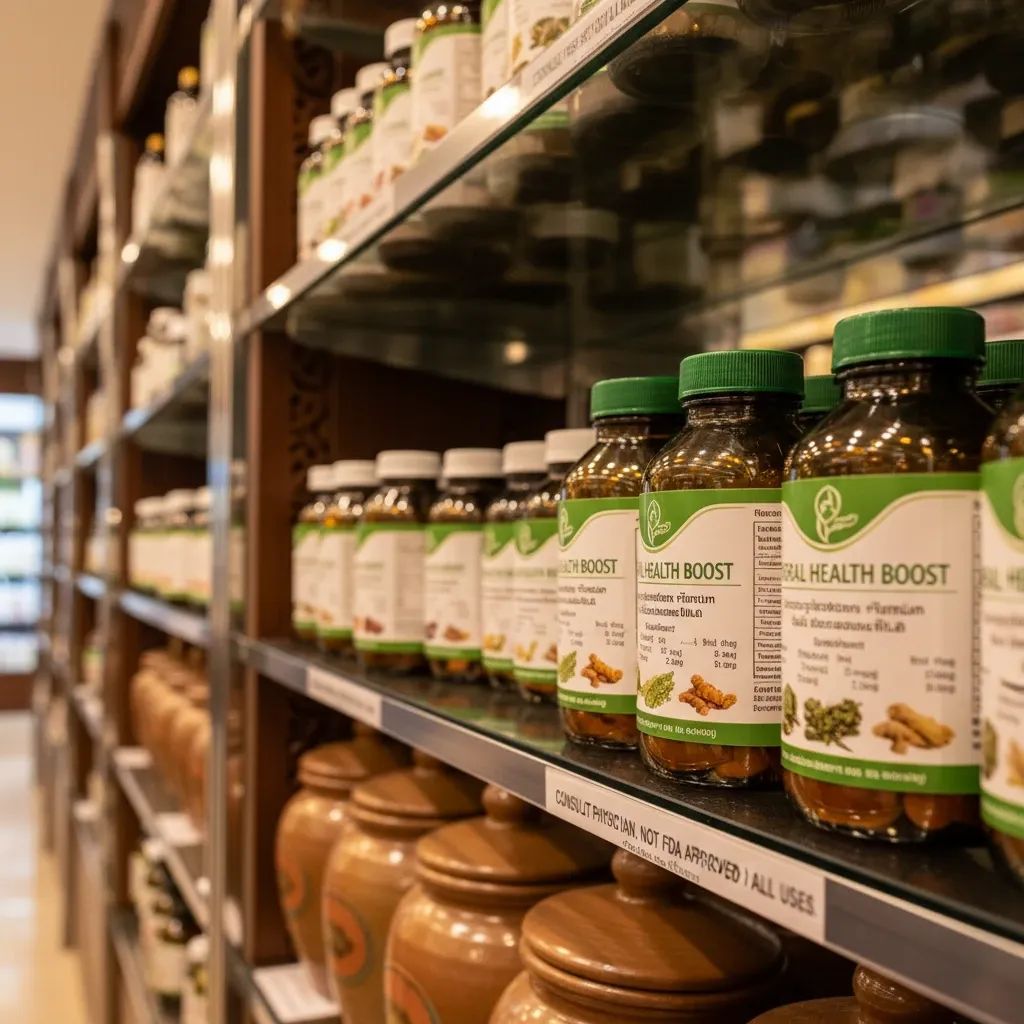 Thai pharmacy shelves displaying herbal supplements and traditional medicine bottles with ingredient labels visible