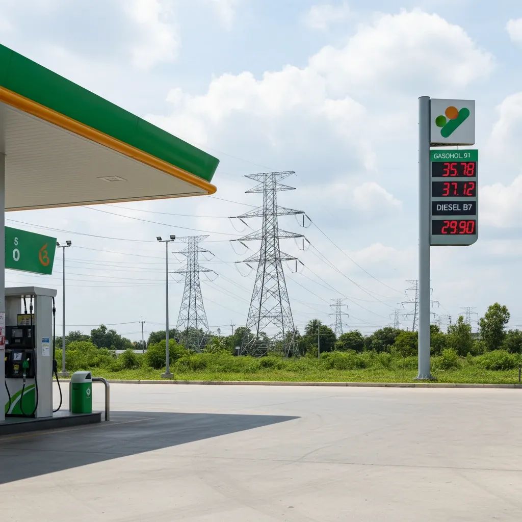 Thai gas station forecourt with fuel pumps and digital price board, power lines in the distance