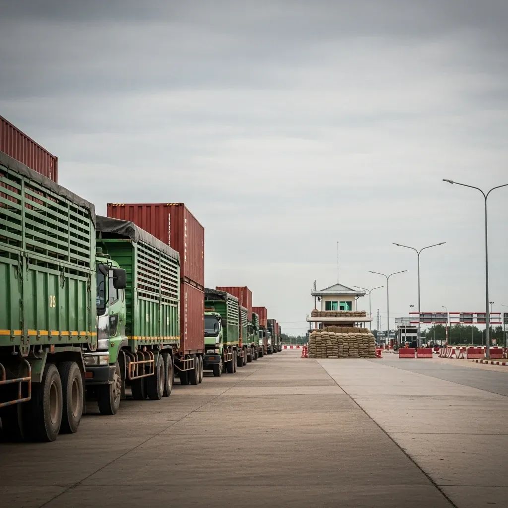 Empty Thai-Cambodia border crossing with deserted trucks and distant military checkpoint