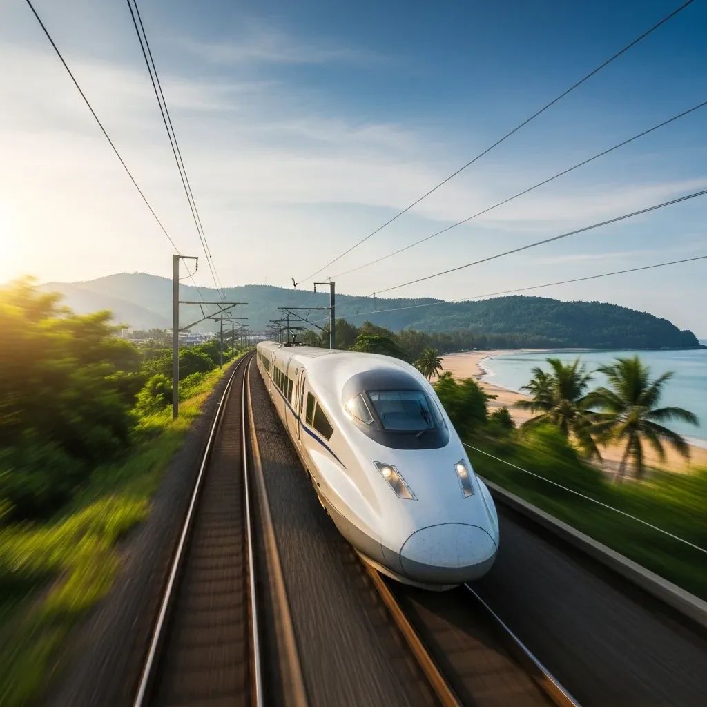 High-speed train speeding along a coastal railway near Phuket island under soft morning light