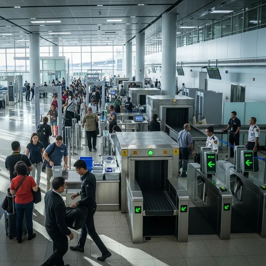Travelers queuing at a security checkpoint inside a modern Thai airport terminal