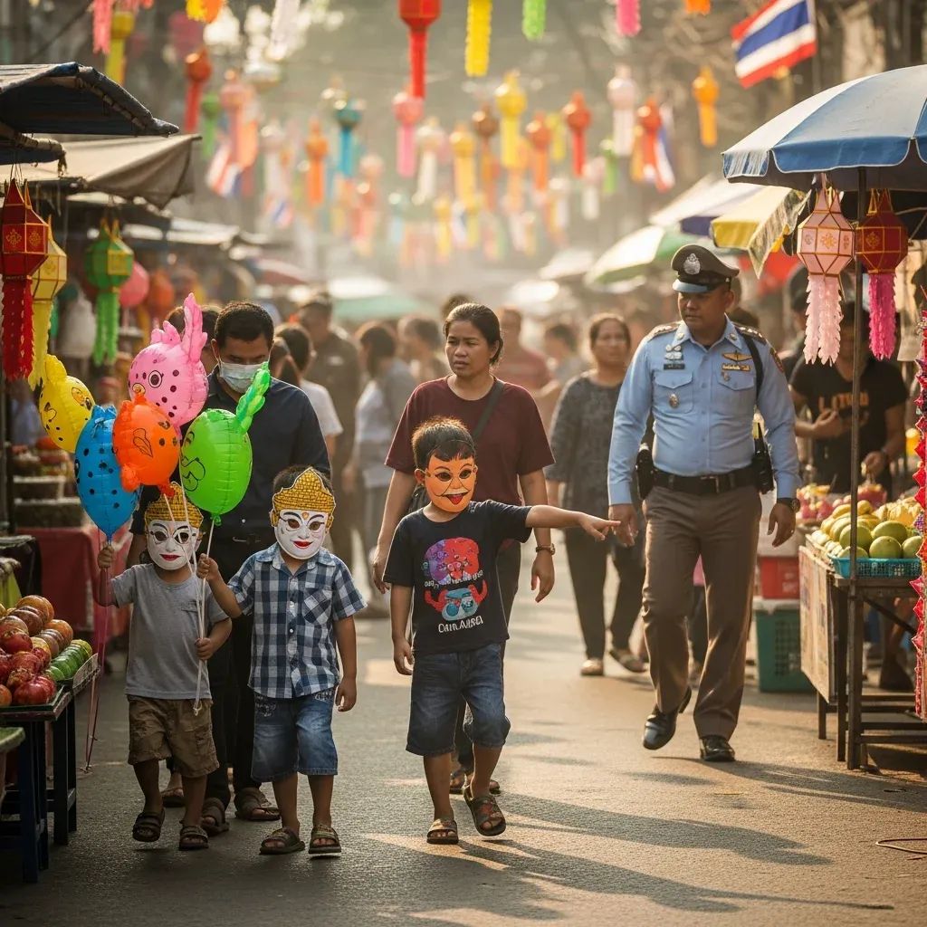Families and children wearing masks at an outdoor Thai festival with police patrol present