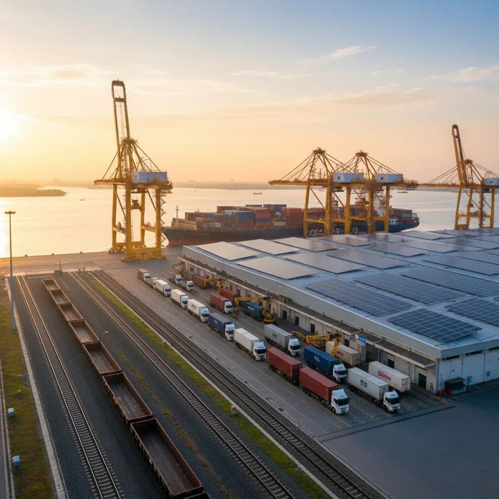 Aerial view of a busy port terminal with container cranes, queued trucks at automated gate and solar-paneled warehouses