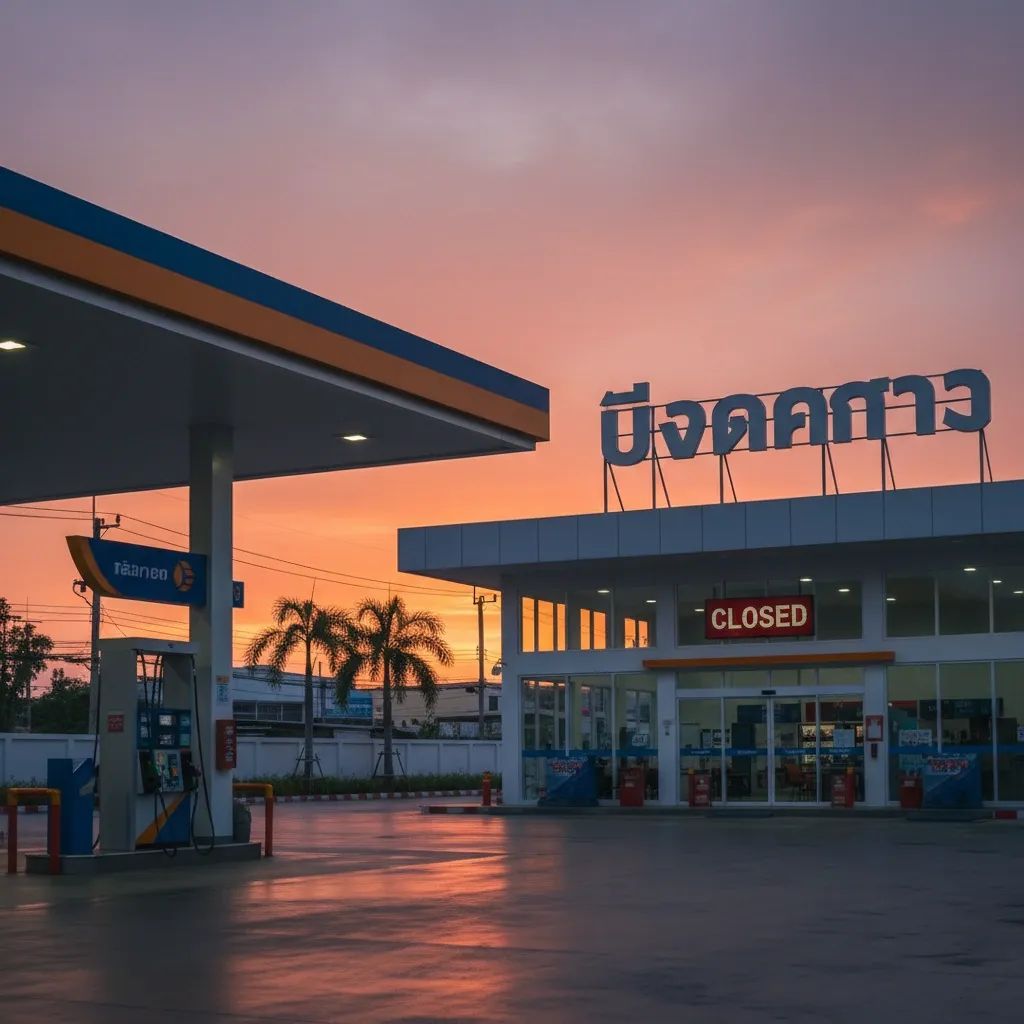Thai gas station at dusk with evening lighting, illustrating potential fuel station closures during energy crisis