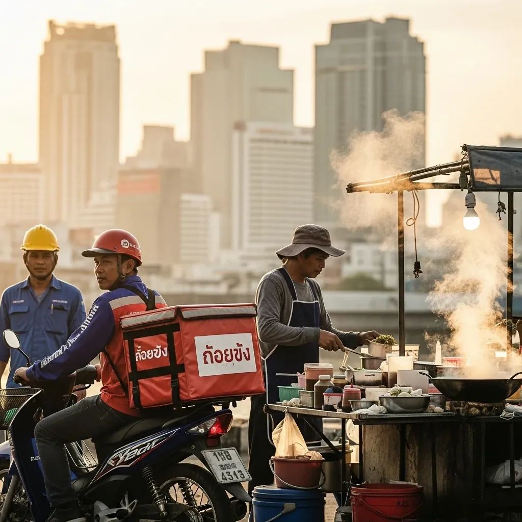 Diverse Thai workers including delivery rider, street vendor and factory worker on a Bangkok street at dawn