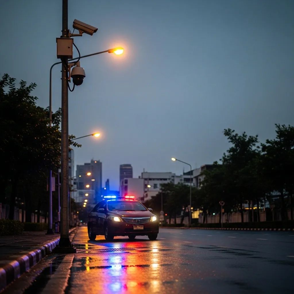 Bangkok street at dusk with police patrol car and security camera on lamppost