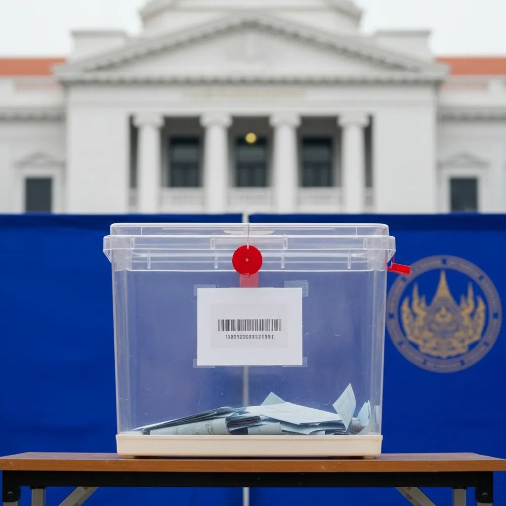 Thai ballot box outside court building symbolizing legal fight over February election results