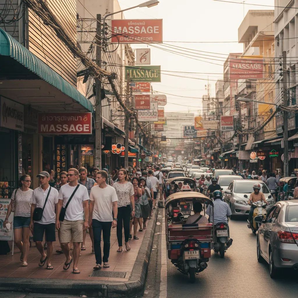 Busy Pattaya street with pedestrians and parked vehicles showing narrow sidewalk safety concerns