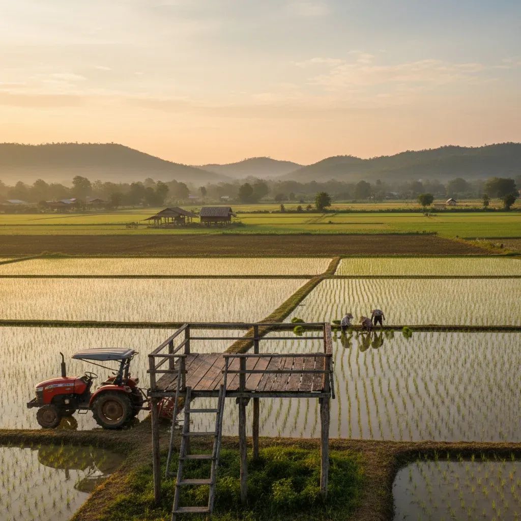 Farmers gathered by a wooden platform in a Thai rural farmland under morning light
