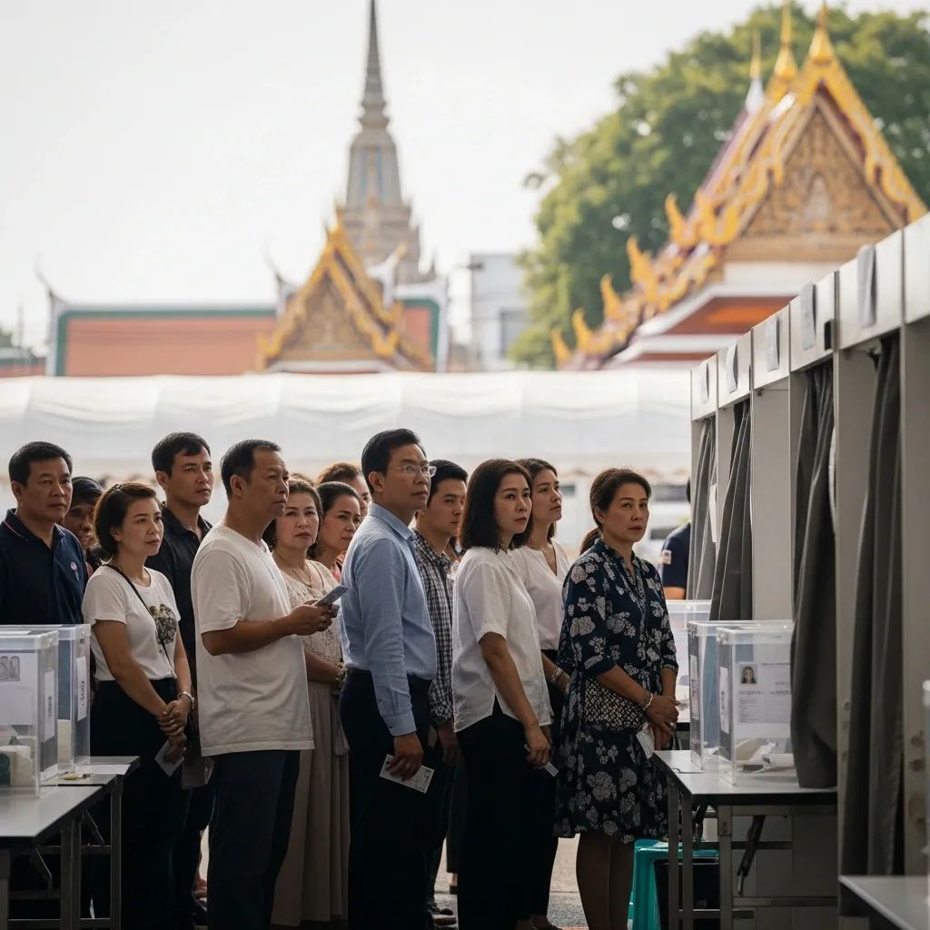 Thai voters queuing outdoors at an early voting station for the 2026 general election