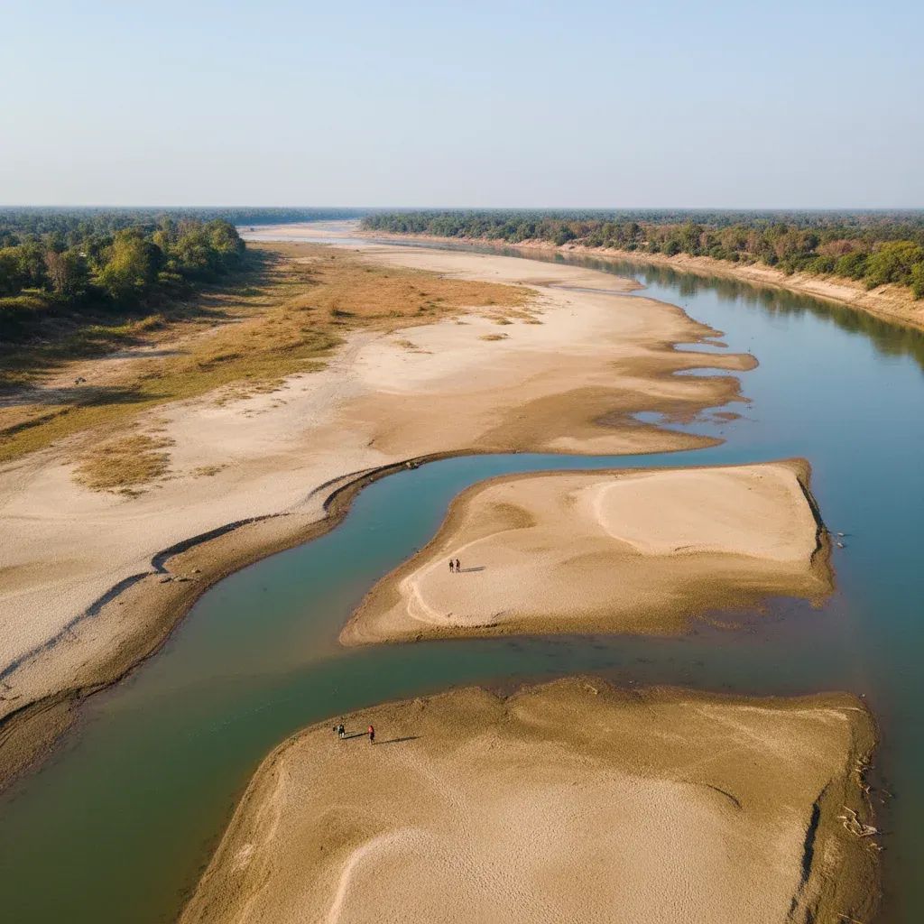 Aerial view of Mekong River showing exposed sandbars and dramatically reduced water levels in Nong Khai province