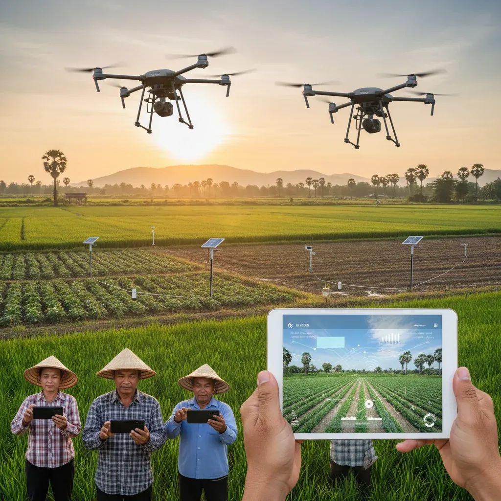 Thai farmers using digital technology and sustainability standards in modern agricultural field