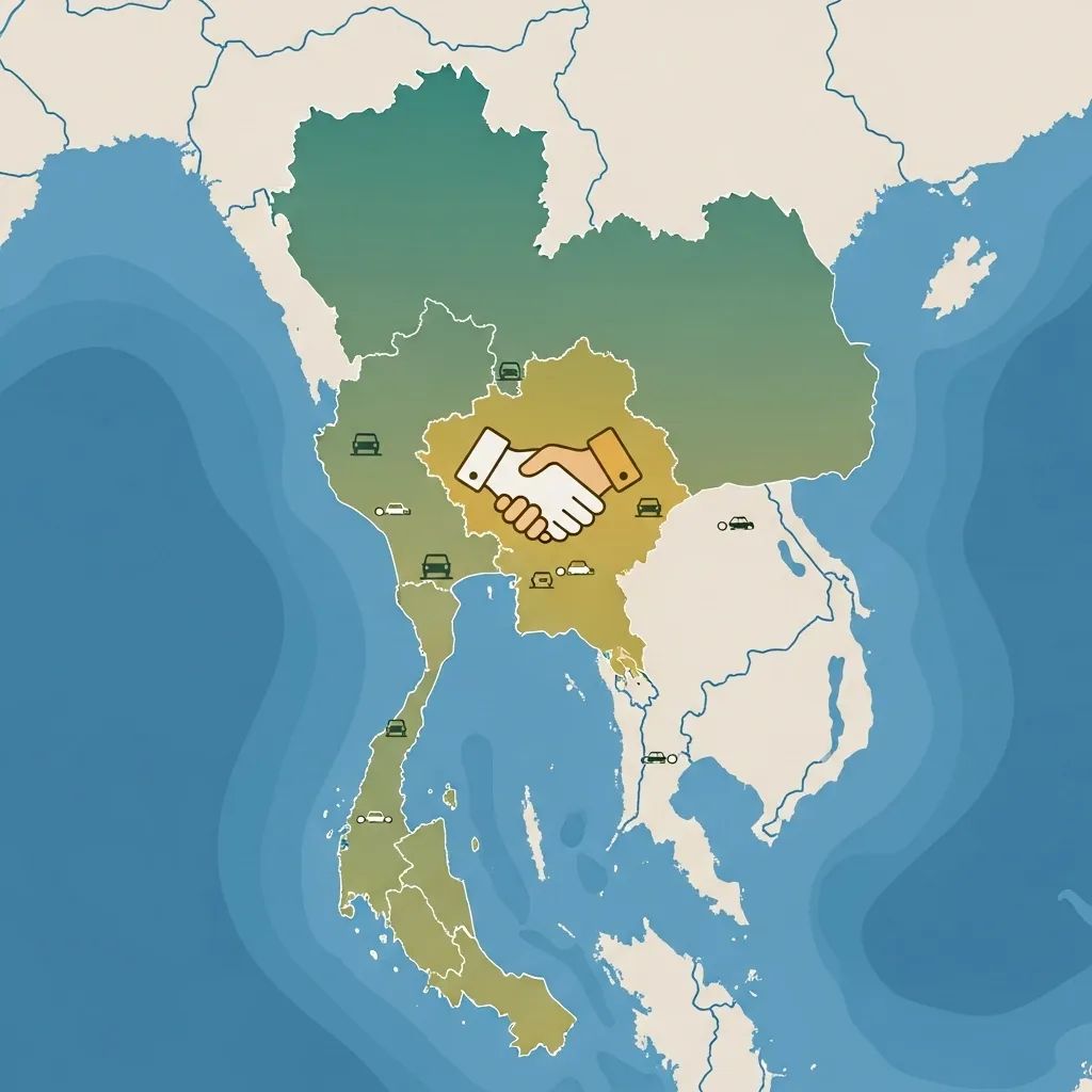 Stylized map of the Thailand-Cambodia border with handshake symbol representing ceasefire efforts