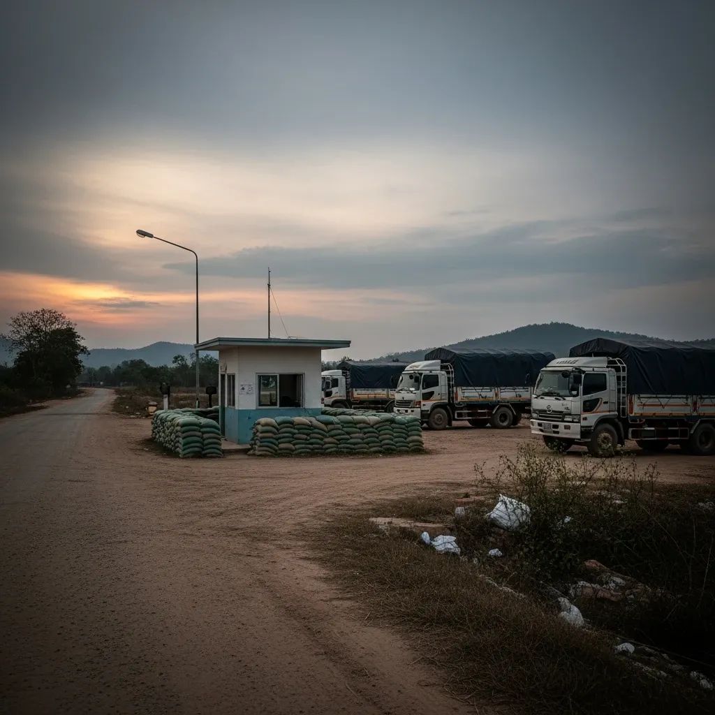 Deserted Thailand–Cambodia border checkpoint with sandbags and idle cargo trucks at dusk