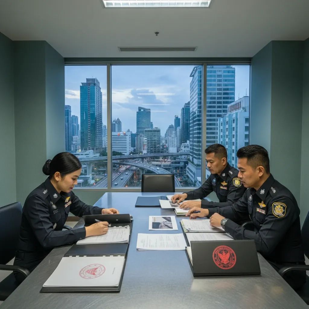 Thai police officers reviewing financial fraud case documents in Bangkok police station