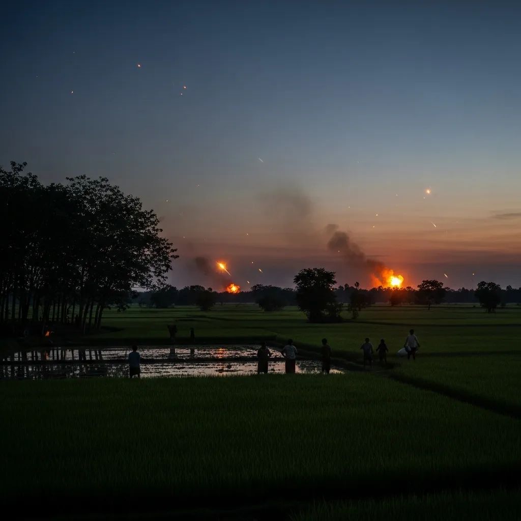 Distant artillery flashes over rice fields at the Thailand-Cambodia border during harvest