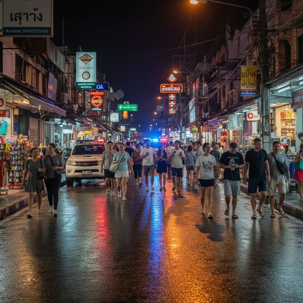 Patong street at night with tourists and Thai police presence