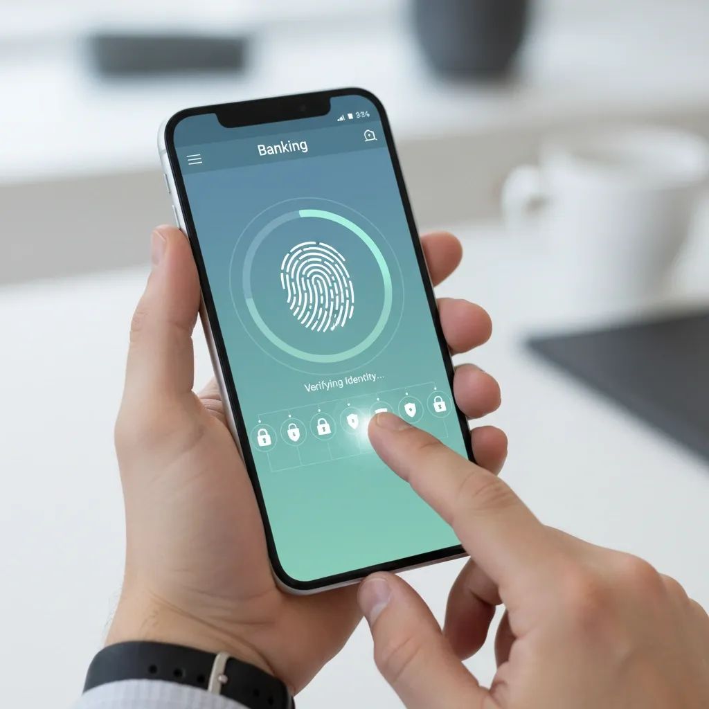 Hand using fingerprint biometric verification on mobile banking application with security interface