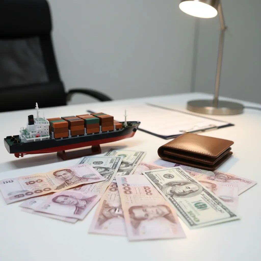 Thai baht and US dollar notes on desk with wallet and cargo model illustrating 2026 exchange-rate outlook
