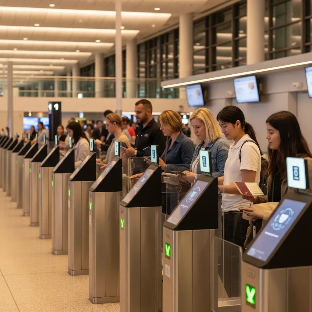 Modern airport biometric gate terminal with passengers using automated e-passport departure system