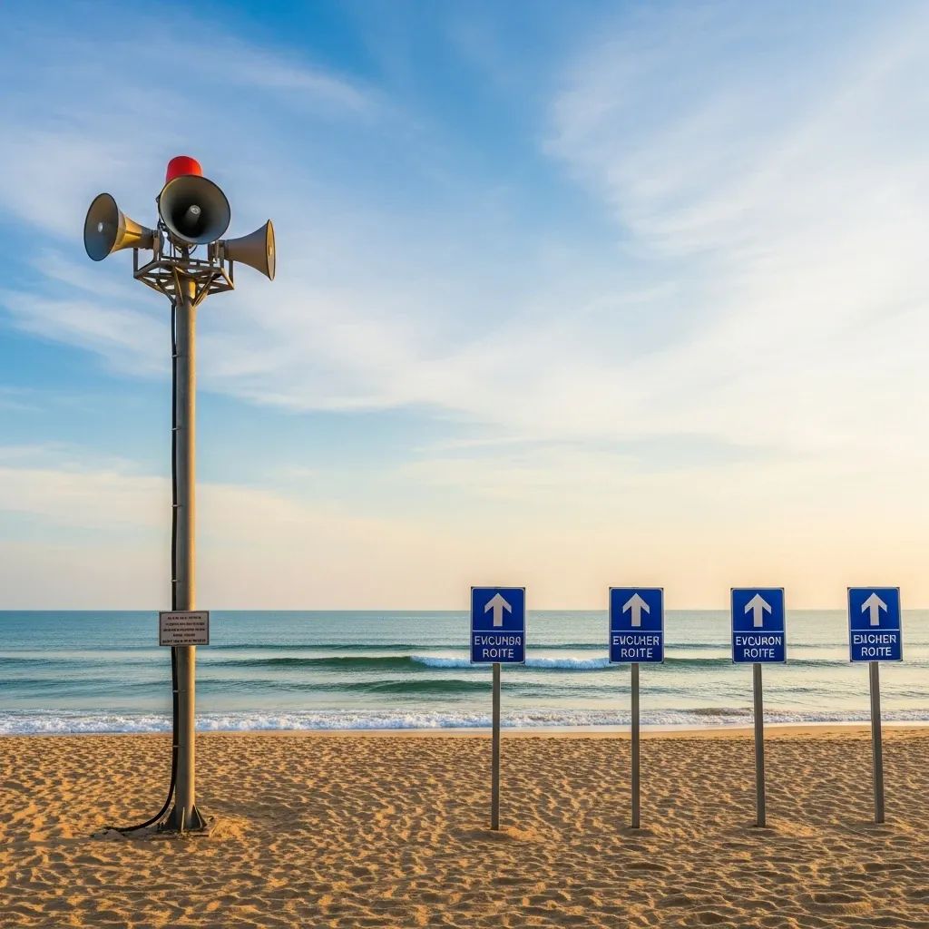 Tsunami warning siren tower and evacuation route signs on a Phuket beach