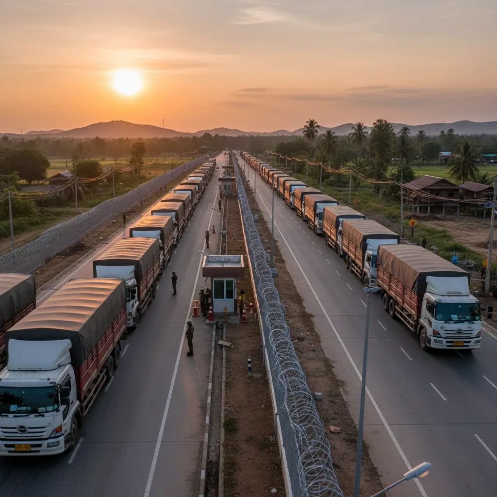 Thai border checkpoint with security fence and freight trucks queued, reflecting new border policies