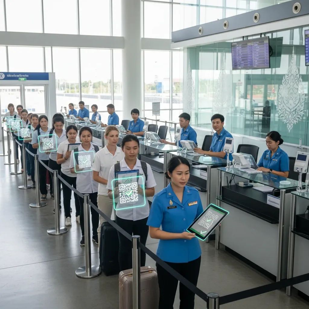 International travelers at Thailand immigration checkpoint with health documentation screens