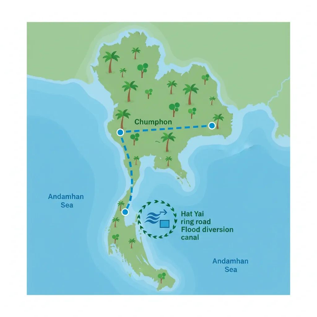 Map infographic of southern Thailand showing a land bridge corridor, Hat Yai ring road, flood canal and farm icons