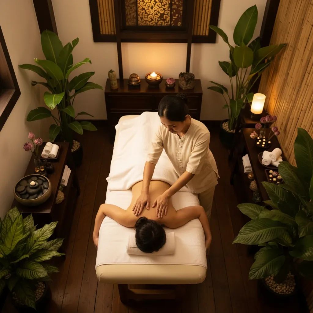 Thai wellness spa practitioner providing treatment in serene tropical setting with natural lighting and wellness amenities