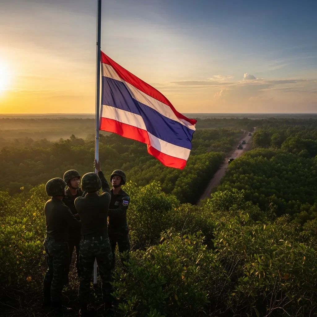 Thai marines raising the Thai flag on Ban Nong Ri ridge overlooking mangrove border area