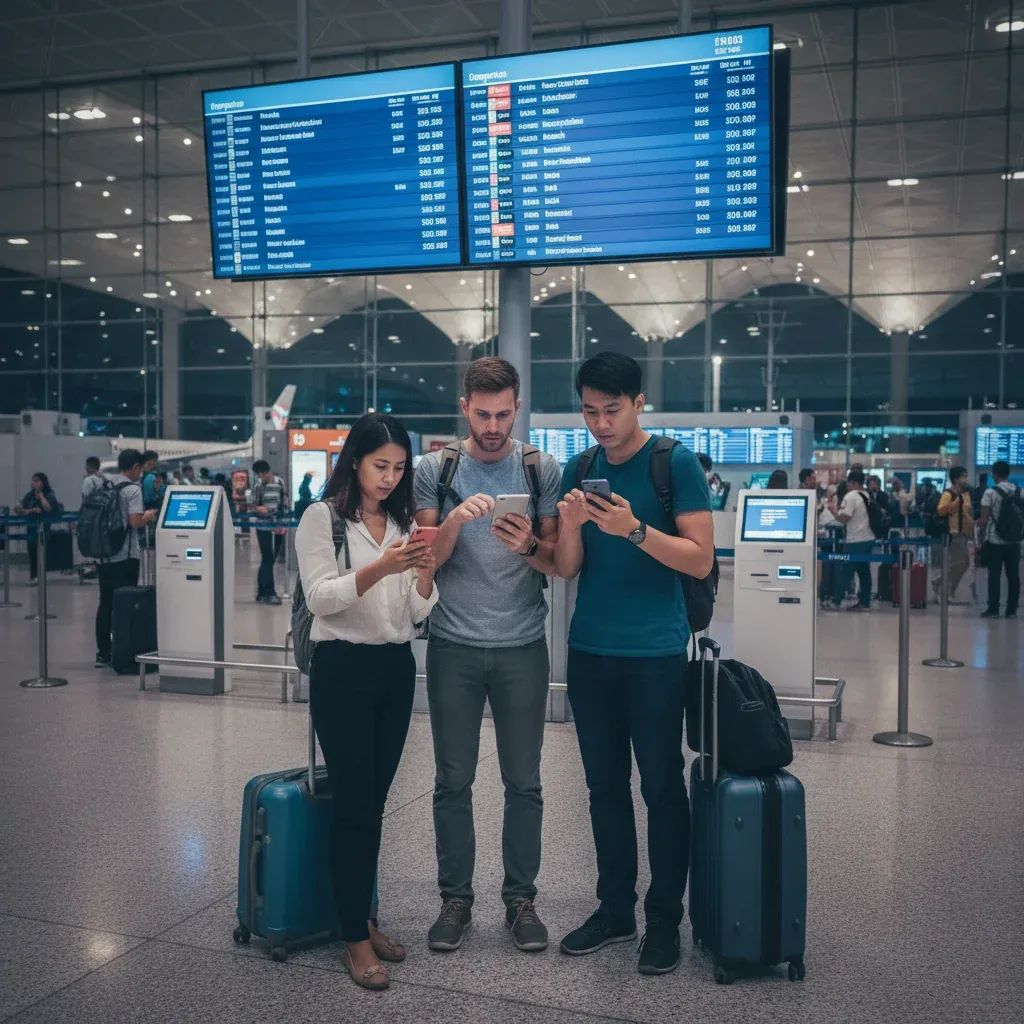 Travelers reviewing expensive flight prices at Bangkok airport terminal with elevated airfare displays