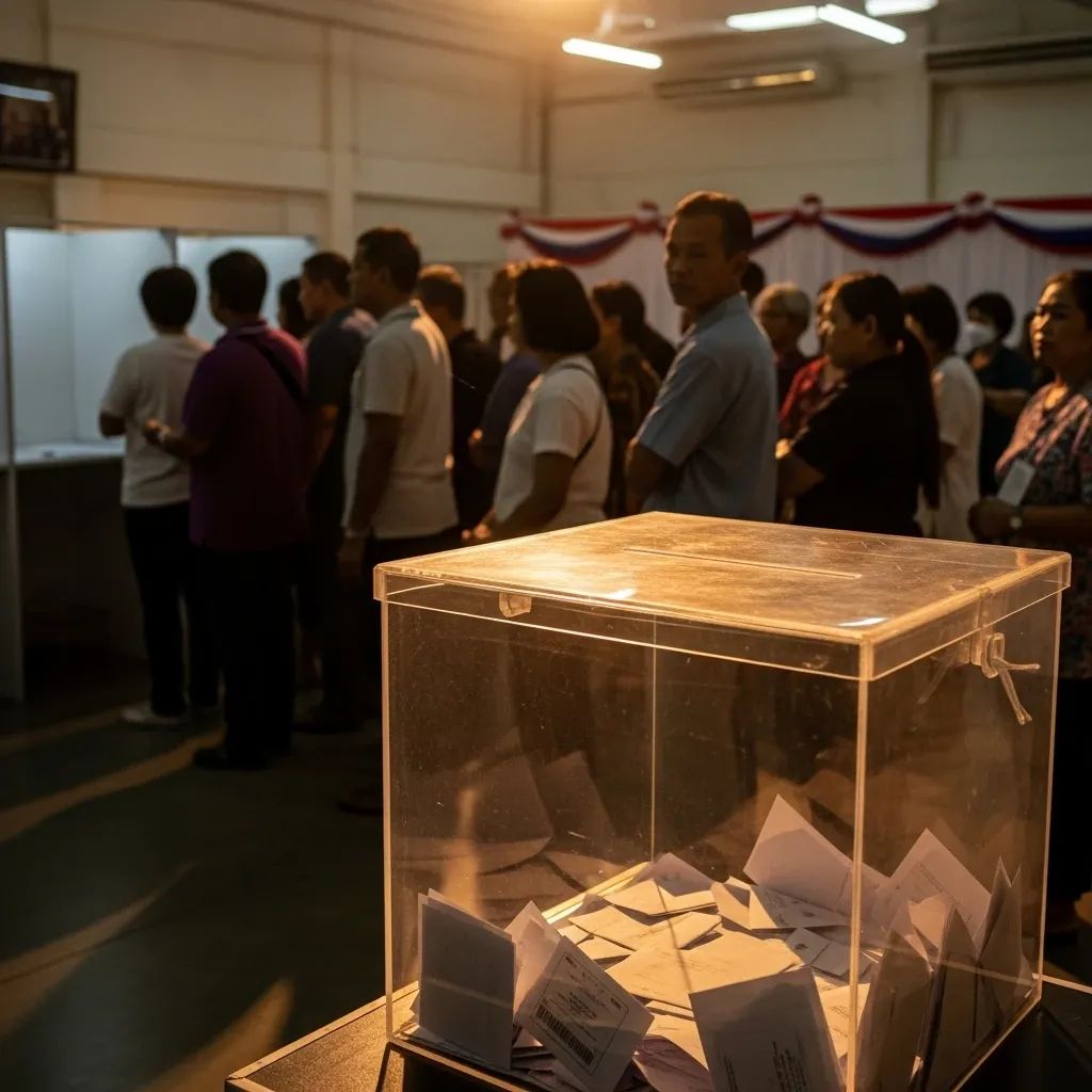 Transparent ballot box in a Thai polling station with a blurred line of voters waiting