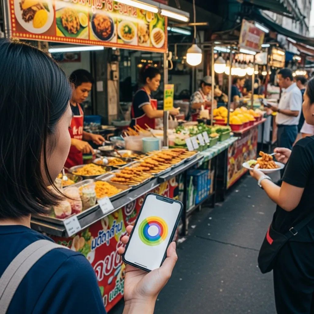 Bangkok street food market with vendor and customer using a smartphone e-wallet
