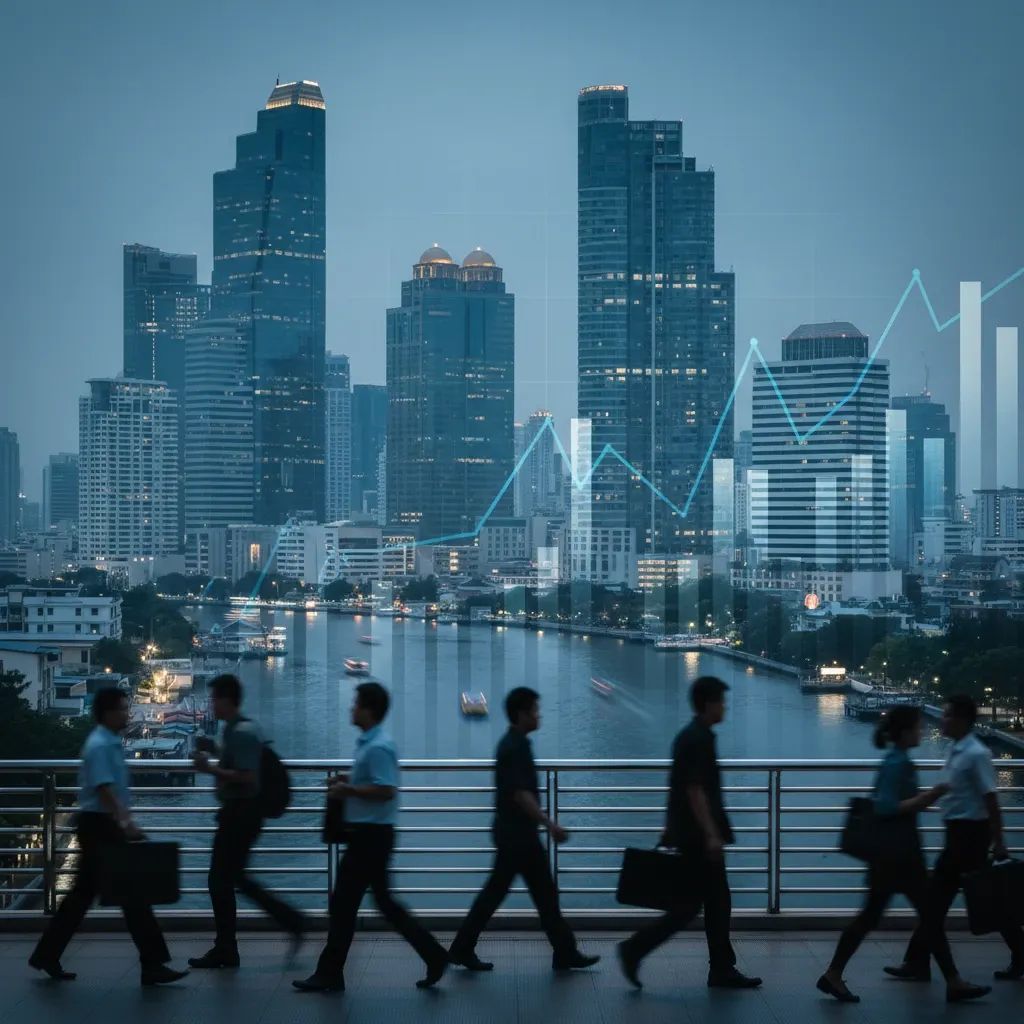 Bangkok skyline at dusk with blurred commuters illustrating Thailand’s economic challenges and outlook