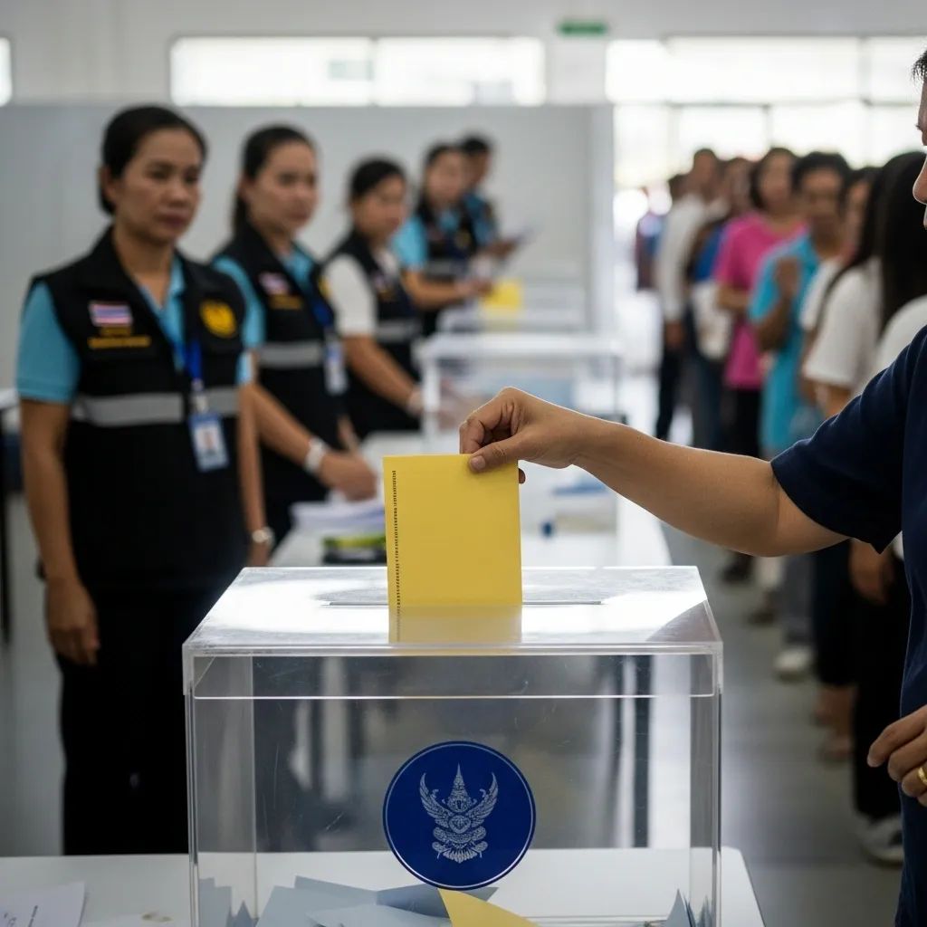 Voter casting a yellow referendum ballot into a box at a Thai polling station