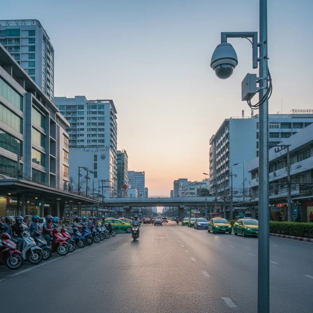 Pattaya street with CCTV surveillance camera overlooking early morning transport scene with motorcycles and taxis