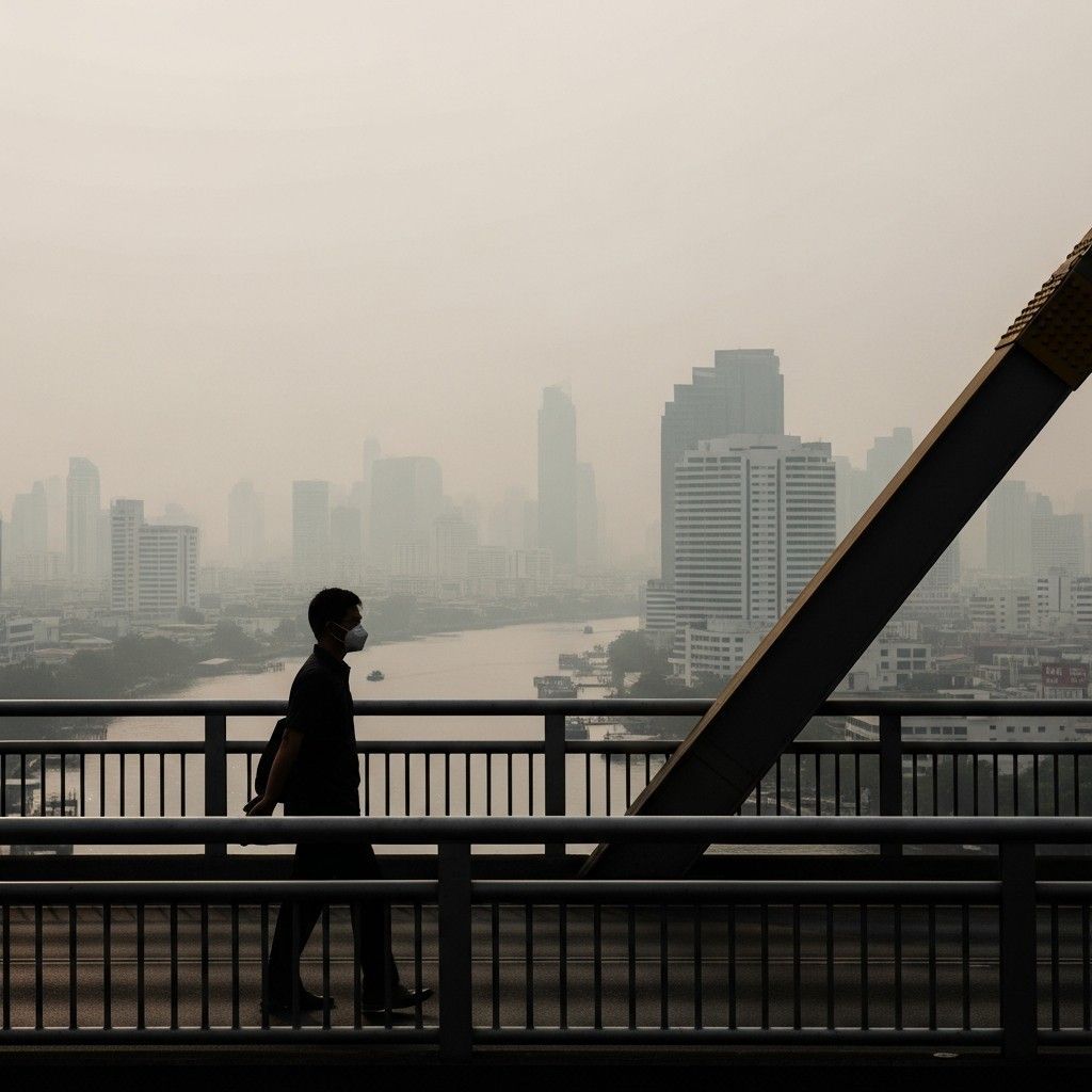 Hazy Bangkok skyline with a commuter wearing an N95 mask crossing a bridge