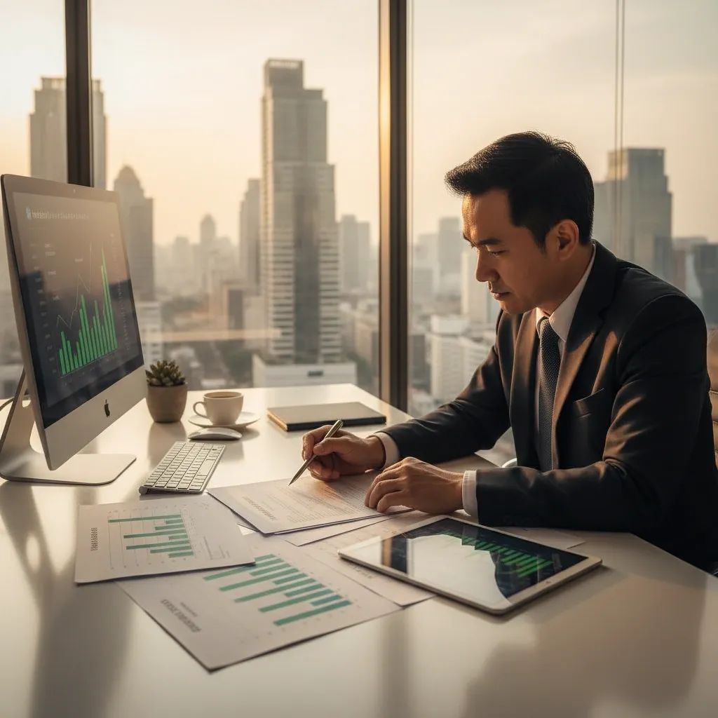 Professional reviewing pension and financial documents in modern office setting