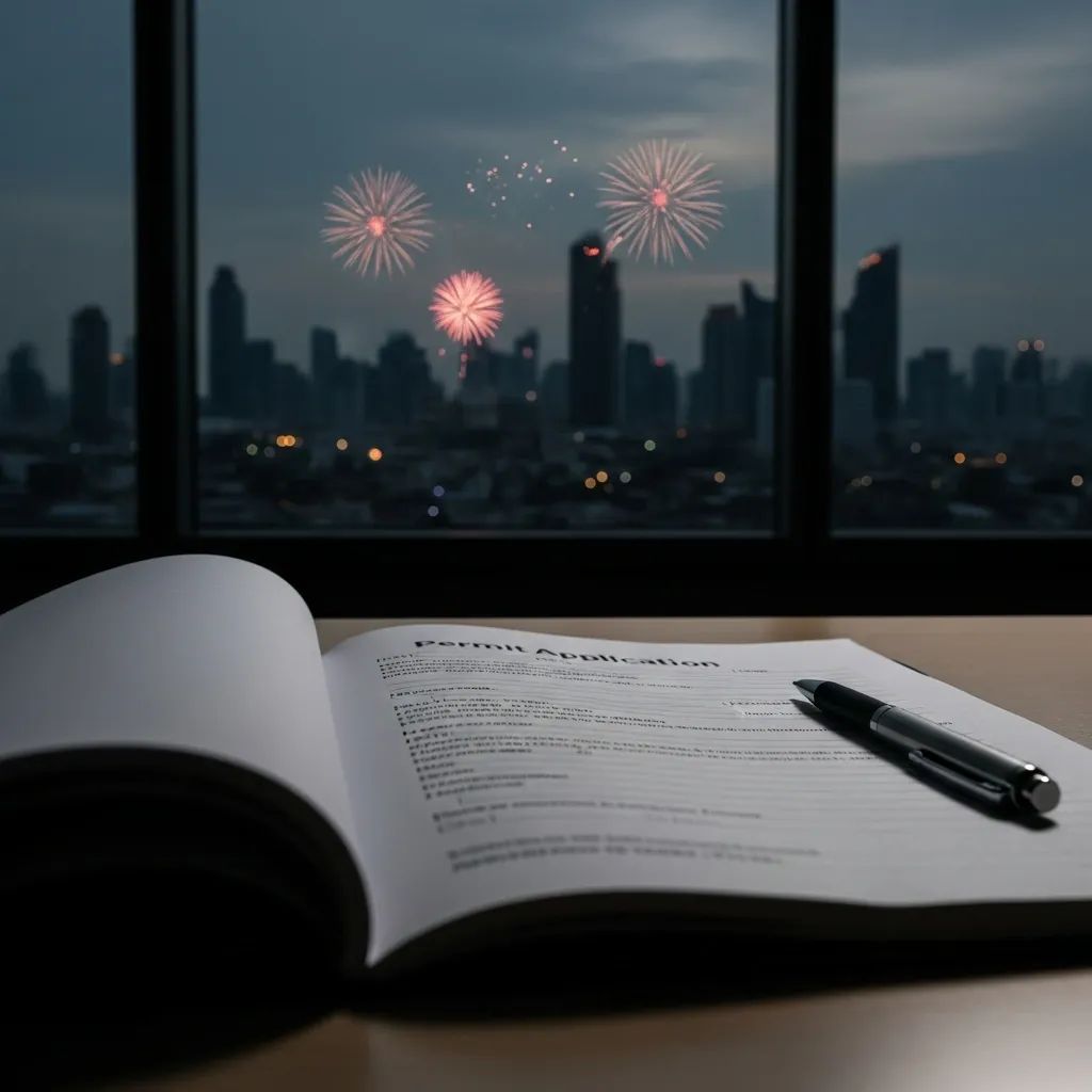 Permit form and pen on a desk with faint fireworks over Bangkok skyline at night