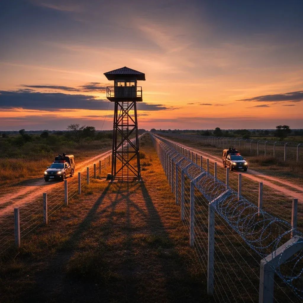 Thai-Cambodian border fence with patrol vehicles and watchtower at dusk
