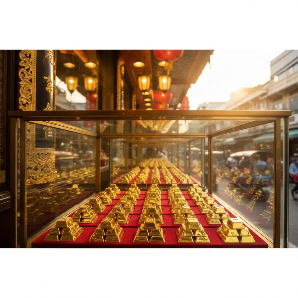 Gold bars displayed in Thai bullion dealer storefront at Yaowarat trading district, Bangkok