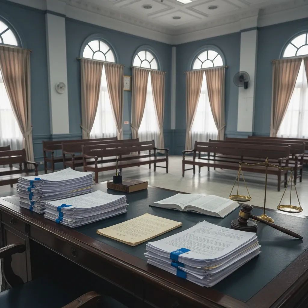 Thai courthouse interior with legal documents representing domestic violence case proceedings