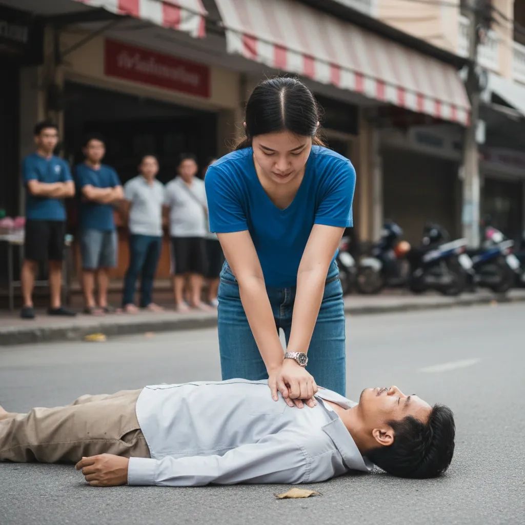 Student performing CPR chest compressions on an unconscious person during emergency response in Phuket