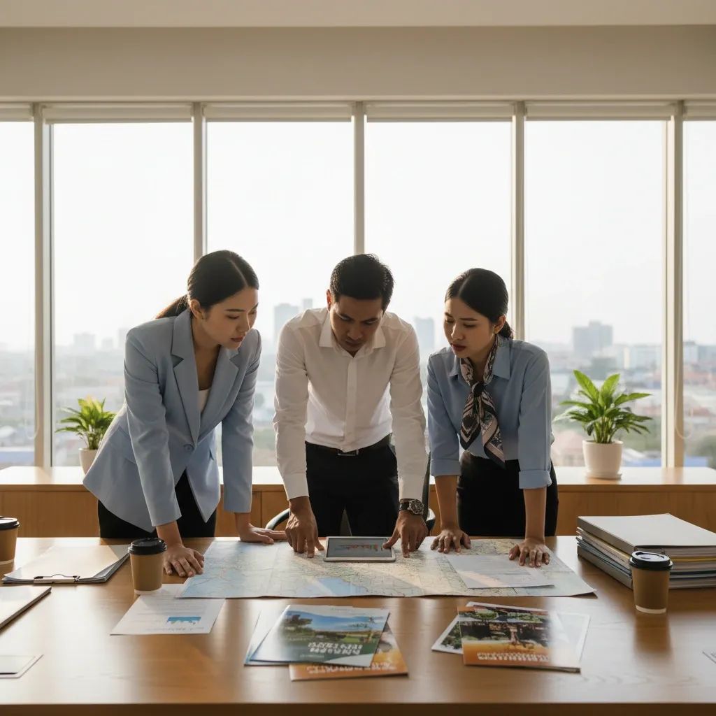 Travel agency professionals reviewing Cambodia tourism materials amid safety concerns and declining visitor numbers